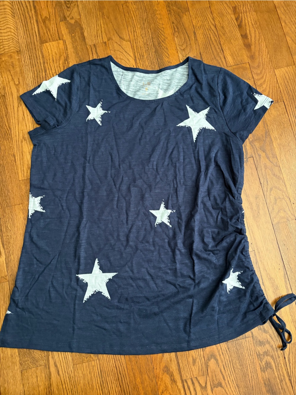 Belle by Kim Gravel Navy Star Print Short Sleeve Adjustable Side Top Women's L
